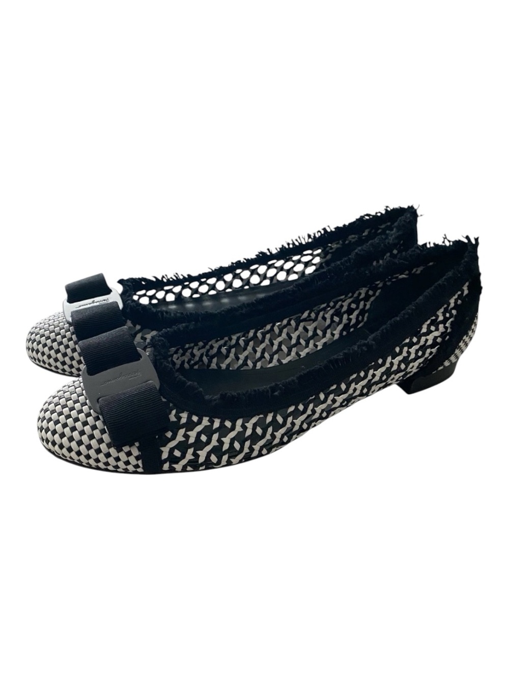 Salvatore Ferragamo Varina Women Black White Leather Bow Logo Flat Size 9